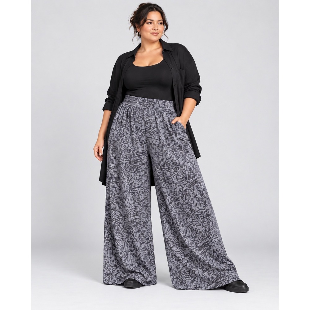 Garnet Hill Gray Geometric Mosaic Tencel Wide Leg Pull On Pants XL NWT